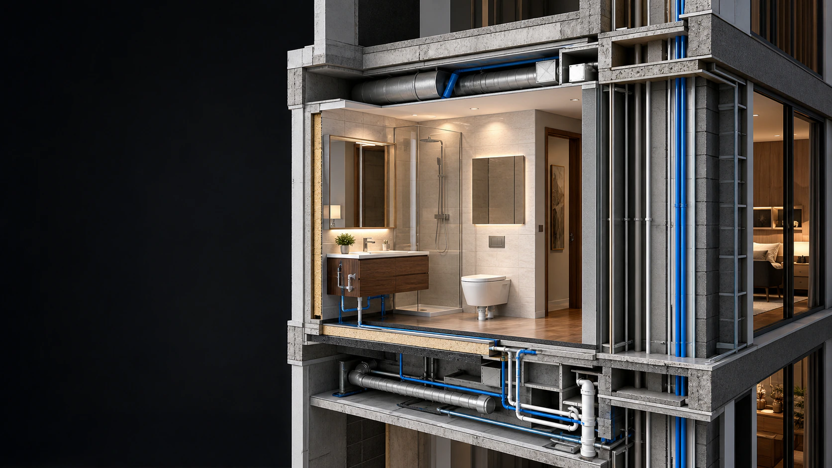 Conceptual cutaway of a bathroom inside a multi-unit building with concealed trade routes